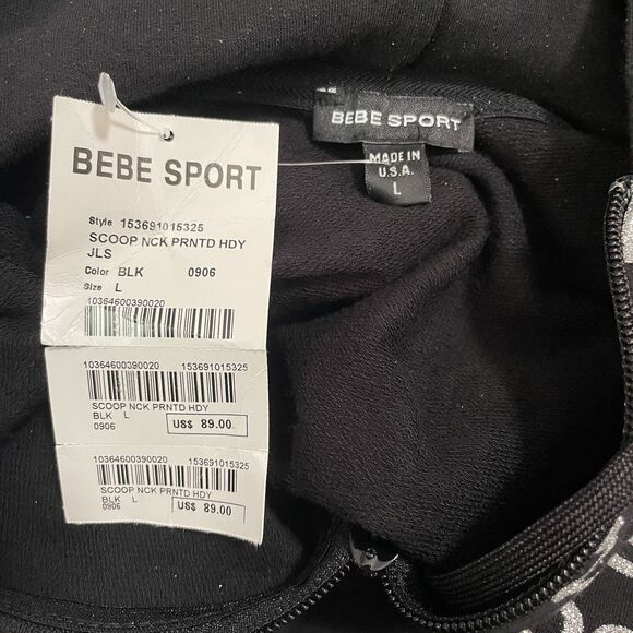 Vintage Bebe Sport Cropped Hoodie Black w/ Glitter Words Y2K Stretchy NWT Bling - Picture 8 of 9